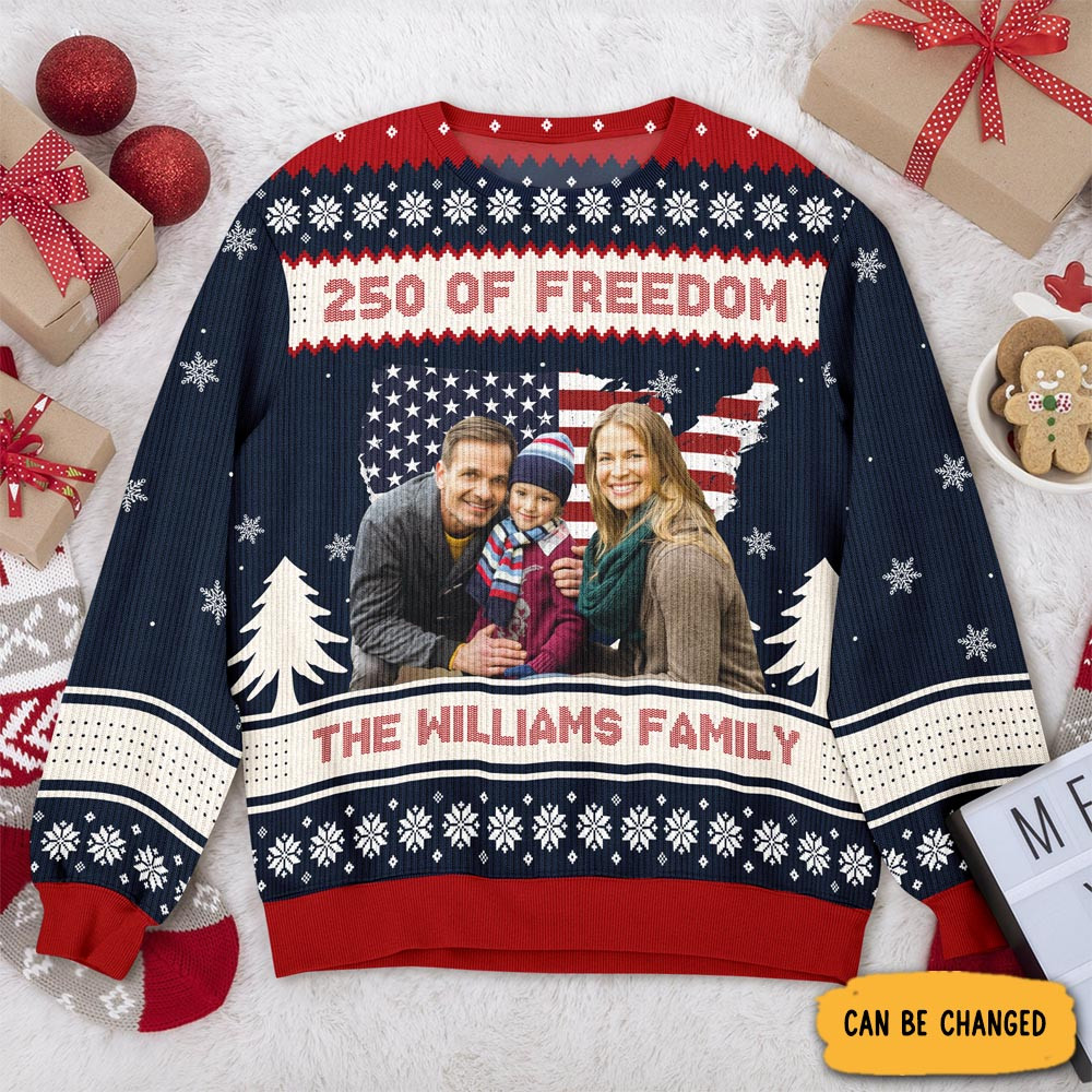 Personalized Photo 250 Years Of Freedom America Ugly Christmas Sweater America's 250 Birthday Clothing Holiday Gift Ideas