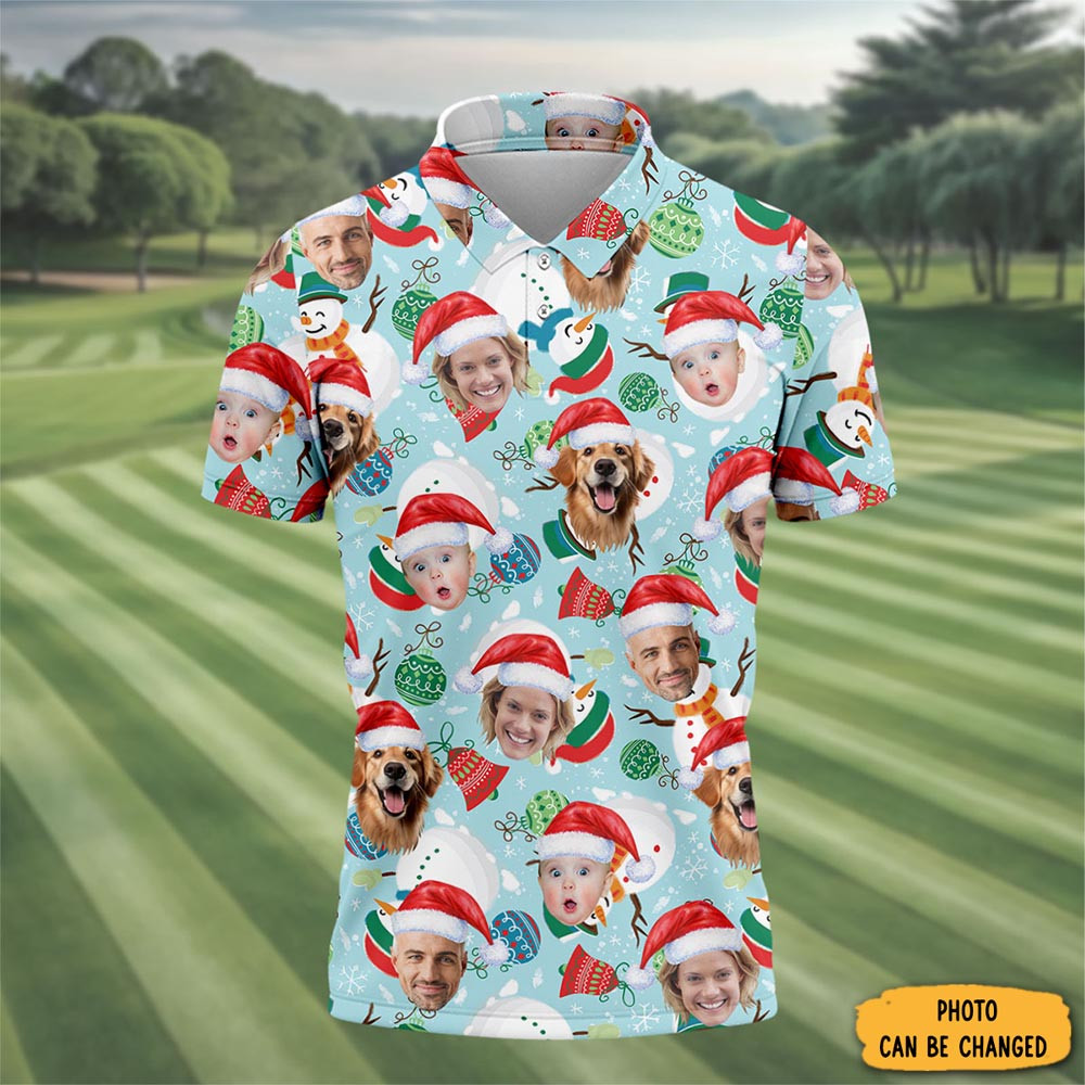 Personalized Photo Baubles Pattern Christmas Polo Shirt Golf Merch Christmas Gift For Him
