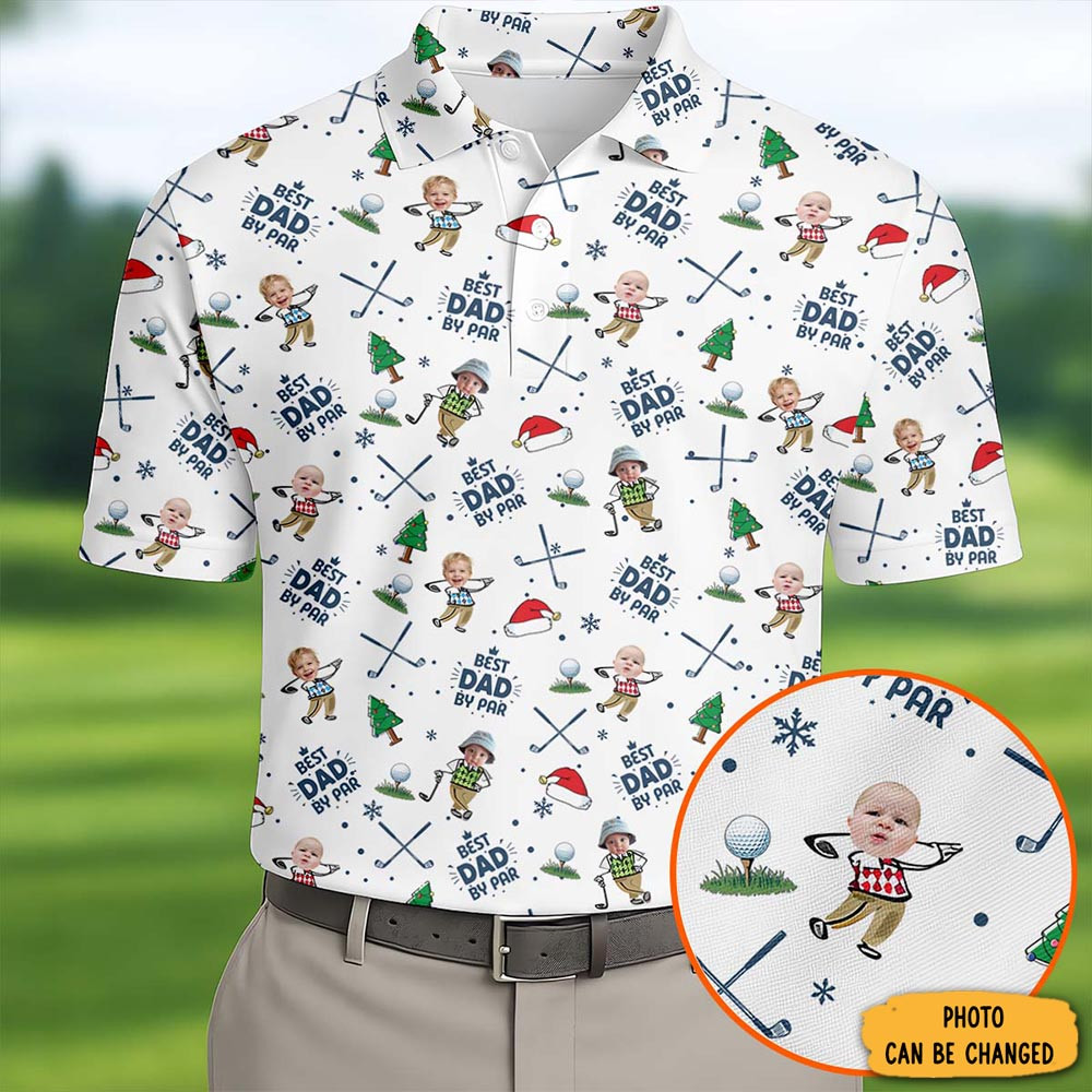 Personalized Photo Best Dad By Far Christmas Polo Shirt Holiday Clothing Xmas Gifts For Golfer