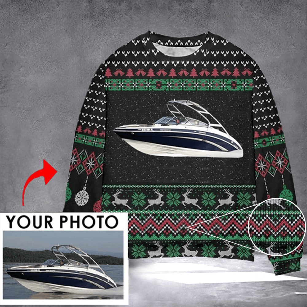 Personalized Photo Boat Ugly Christmas Sweater Funny Xmas Sweaters Gifts For Boat Lovers