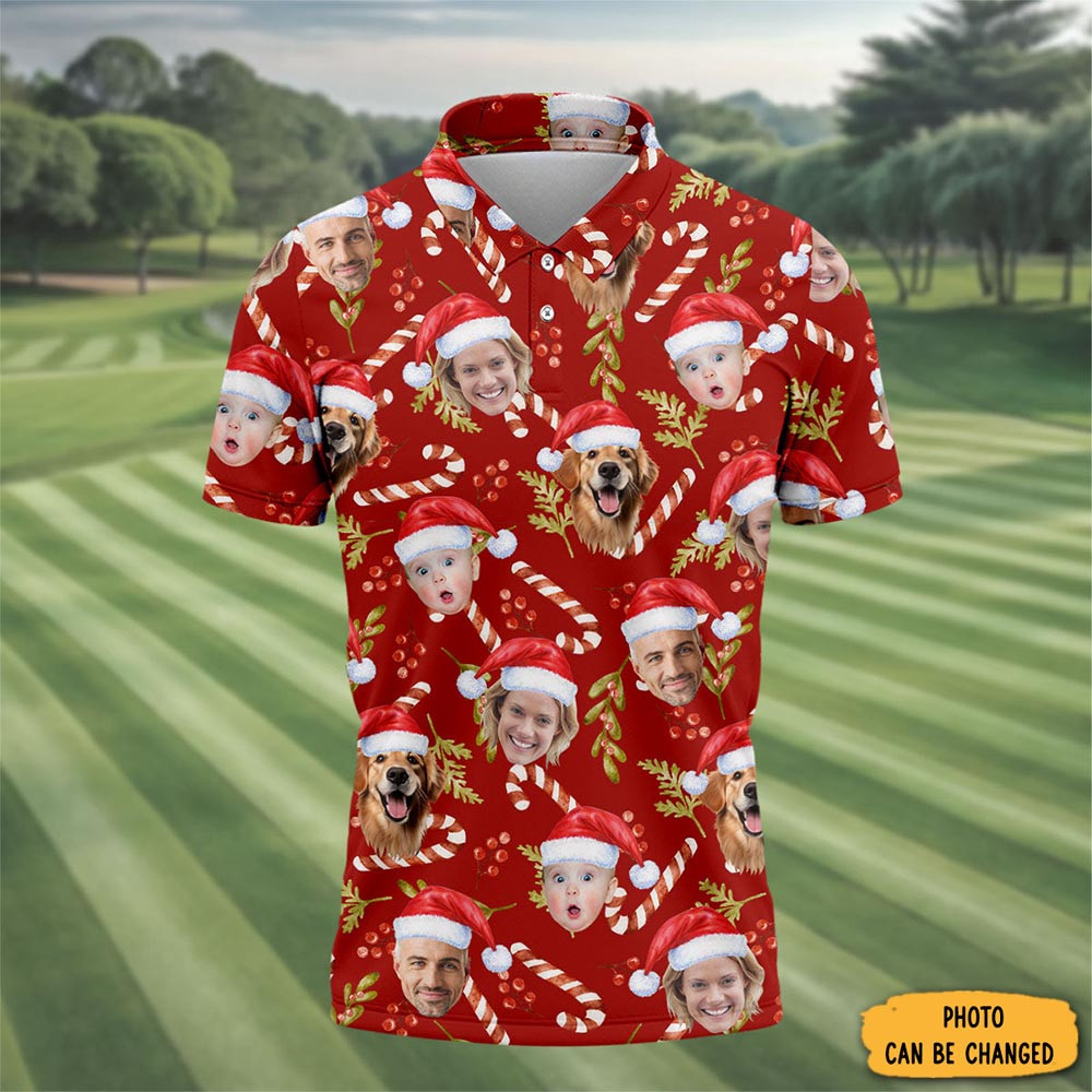 Personalized Photo Christmas Polo Shirt Candy Canes Golf Clothes Golf Polos For Men