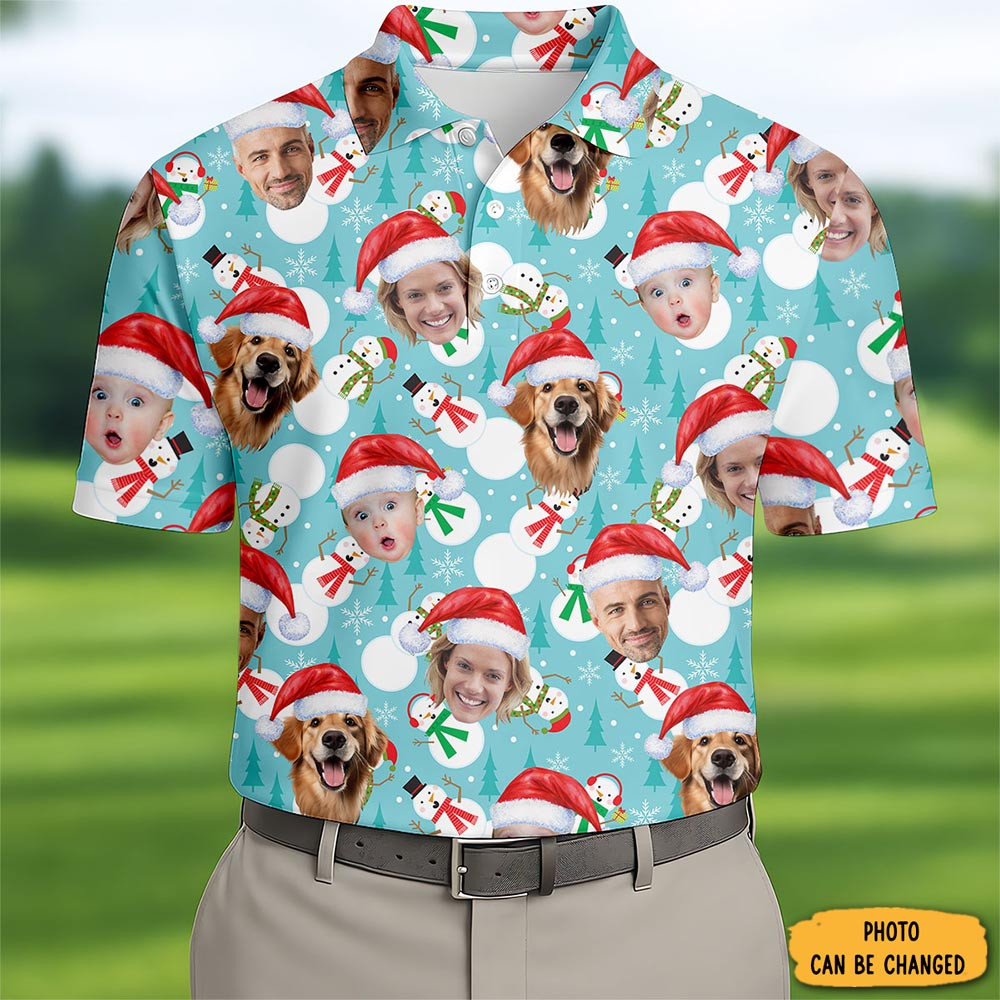 Personalized Photo Christmas Polo Shirt Golf Sport Cute Snowman Xmas Gift For Golfers