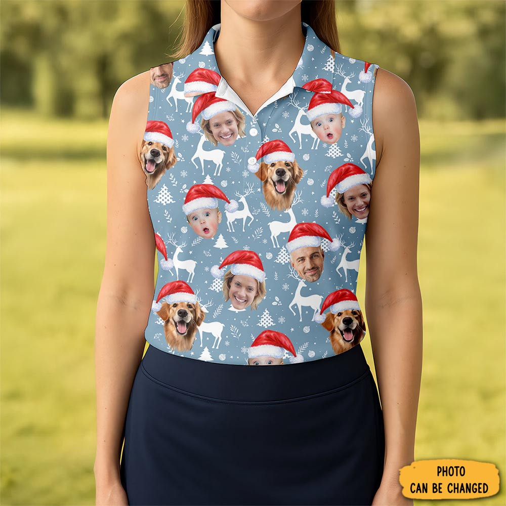 Personalized Photo Christmas Polo Shirt Golf Sport Reindeer Pattern Cool Xmas Gift For Golfer