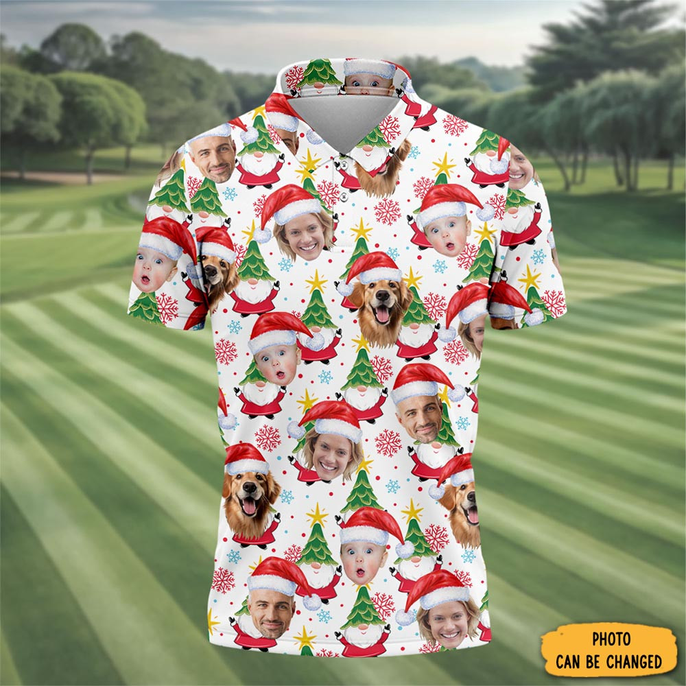 Personalized Photo Christmas Polo Shirt Green Pine Tree Golf Clothes Christmas Shirt Men