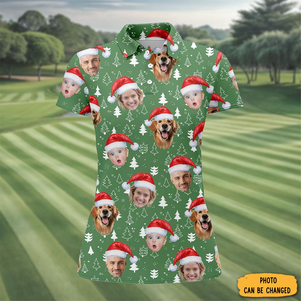 Personalized Photo Christmas Polo Shirt Pine Tree Pattern Christmas Gifts For Golf Players