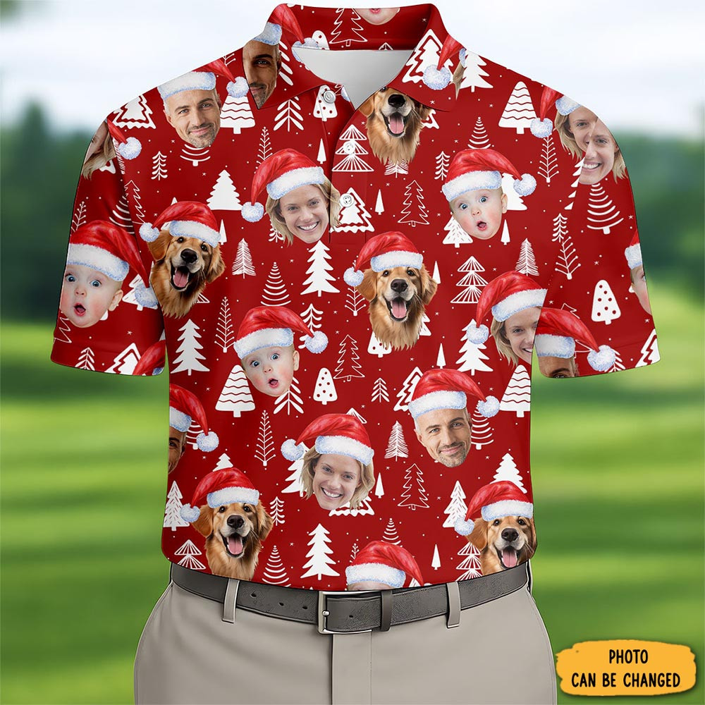 Personalized Photo Christmas Polo Shirt Pine Tree Pattern Golf Clothes For Men