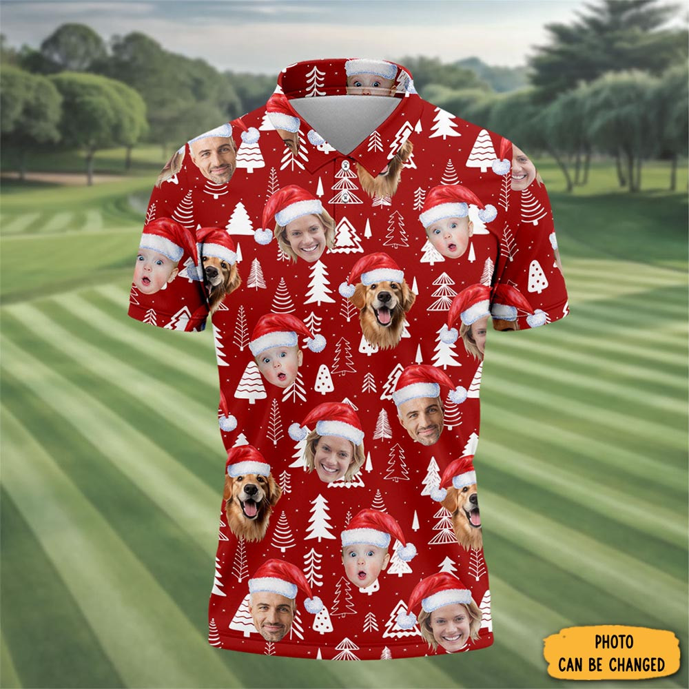 Personalized Photo Christmas Polo Shirt Pine Tree Xmas Clothing Christmas Gifts For Father