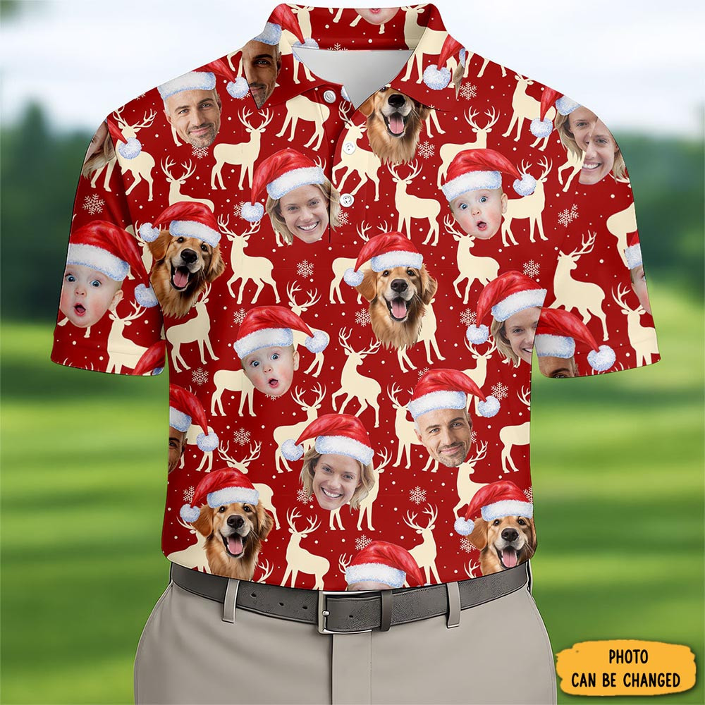 Personalized Photo Christmas Polo Shirt Reindeer Pattern Christmas Gifts For Dad