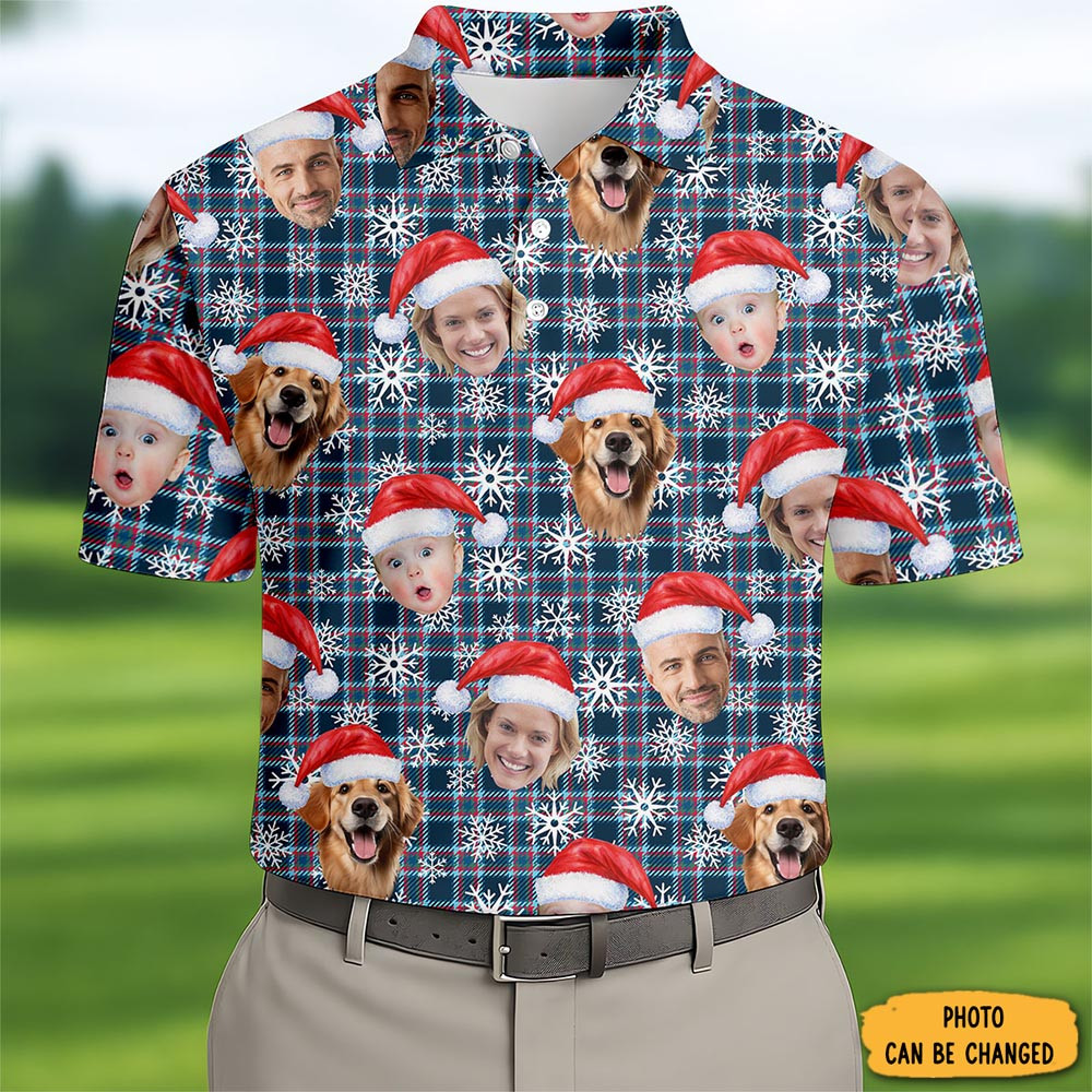 Personalized Photo Christmas Polo Shirt Snowflakes Plaid Golf Shirt Xmas Gifts For Dad