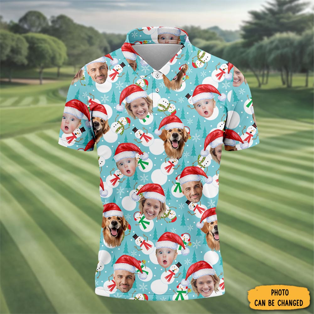 Personalized Photo Christmas Polo Shirt Snowman Pattern Christmas Gifts For Golf Friends