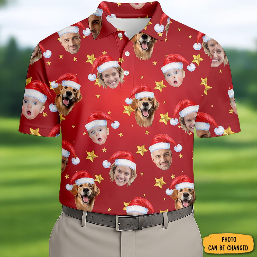 Personalized Photo Christmas Polo Shirt Winter Holiday Outfit Golf Shirt For Men