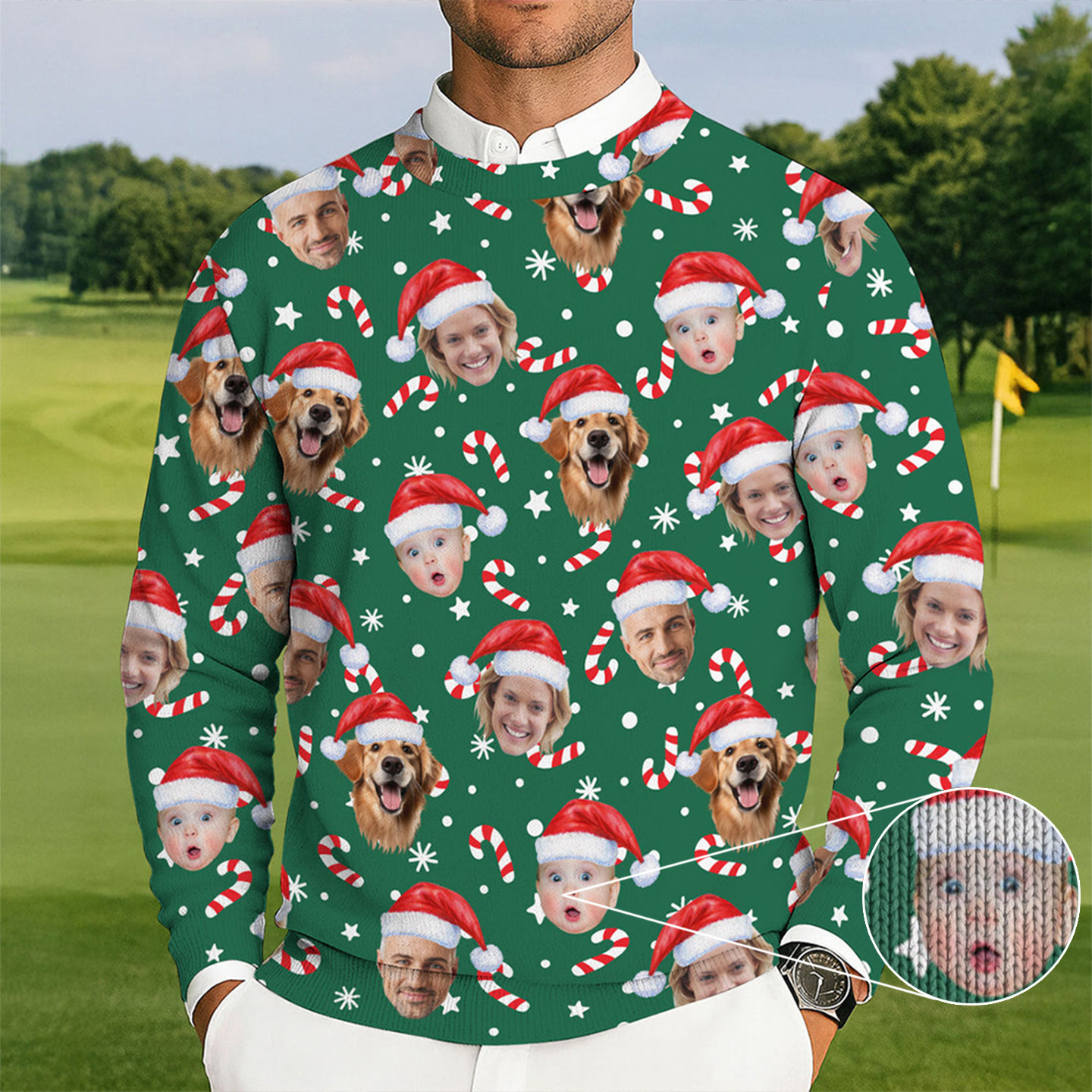Personalized Photo Cute Baby Face Golf Ugly Christmas Sweater Holiday Merch Golf Dad Gifts