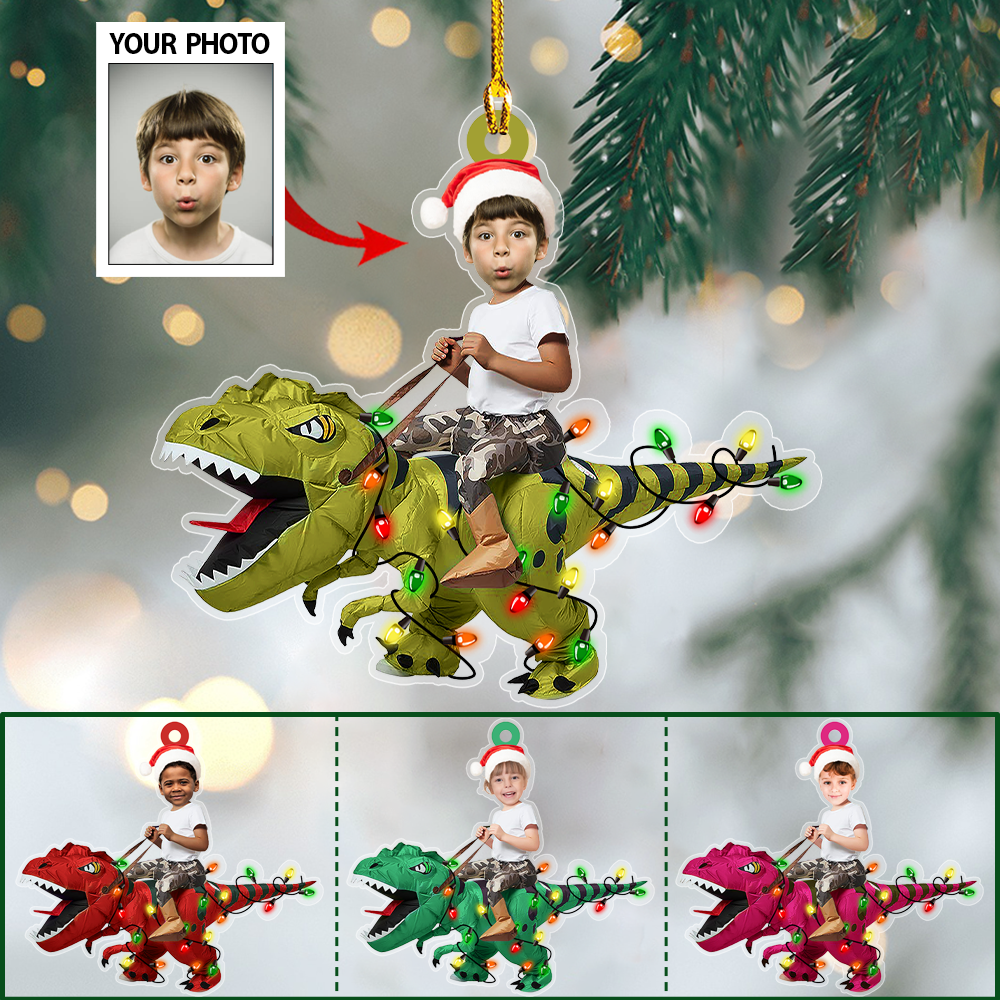 Personalized Photo Cute Kid Rides The Dinosaurus Christmas Light Ornament