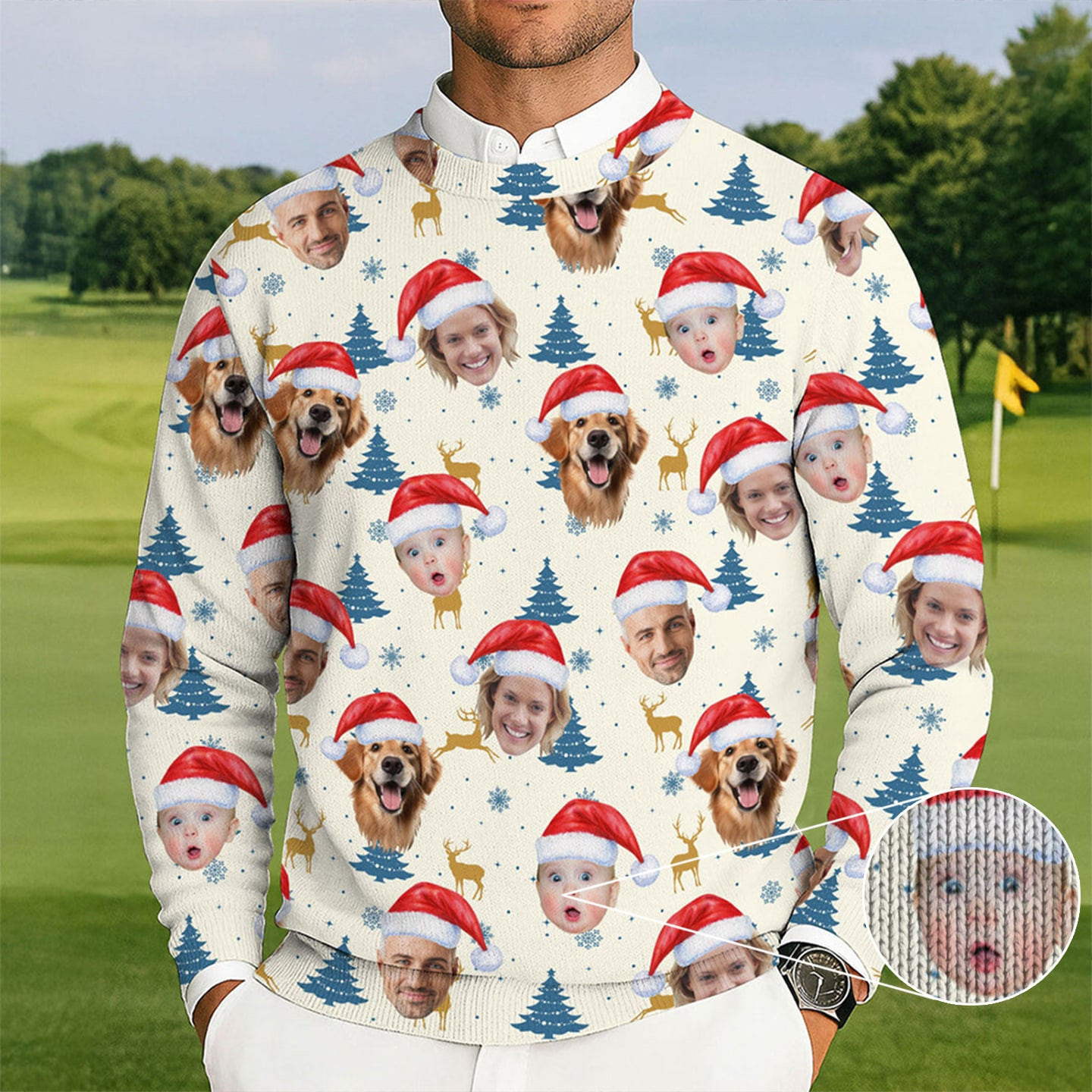 Personalized Photo Dog And Baby Face Golf Christmas Ugly Sweater Funny Golf Xmas Gifts