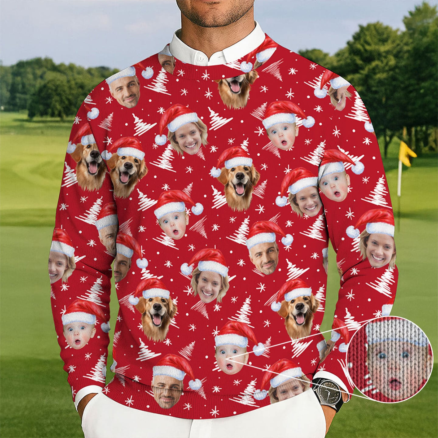 Personalized Photo Dog And Baby Face Golf Christmas Ugly Sweater Golf Lovers Christmas Gift