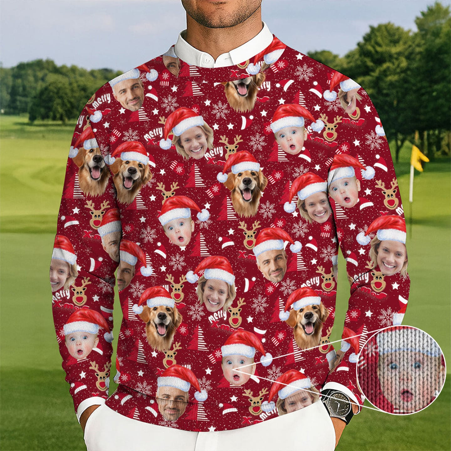 Personalized Photo Dog And Baby Face Golf Christmas Ugly Sweater Golf Player Xmas Gifts