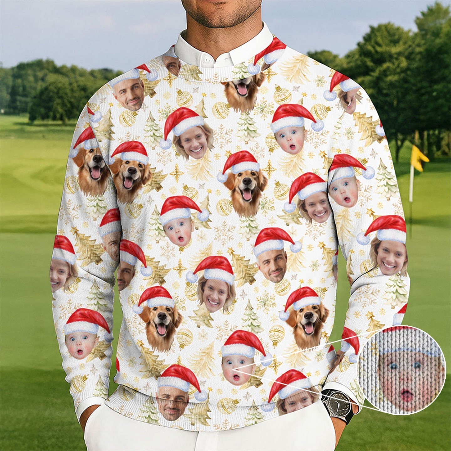 Personalized Photo Dog And Baby Face Golf Christmas Ugly Sweater Secret Santa Gift Ideas