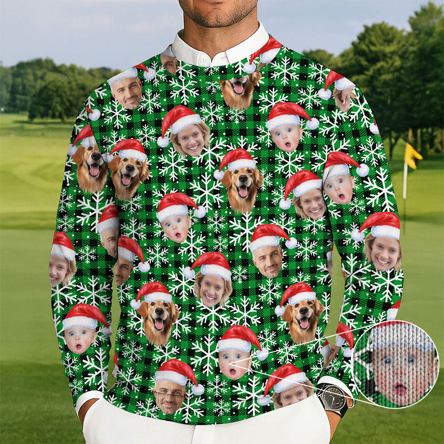 Personalized Photo Dog And Baby Golf Ugly Christmas Sweater Xmas Clothing Golf Dad Gifts