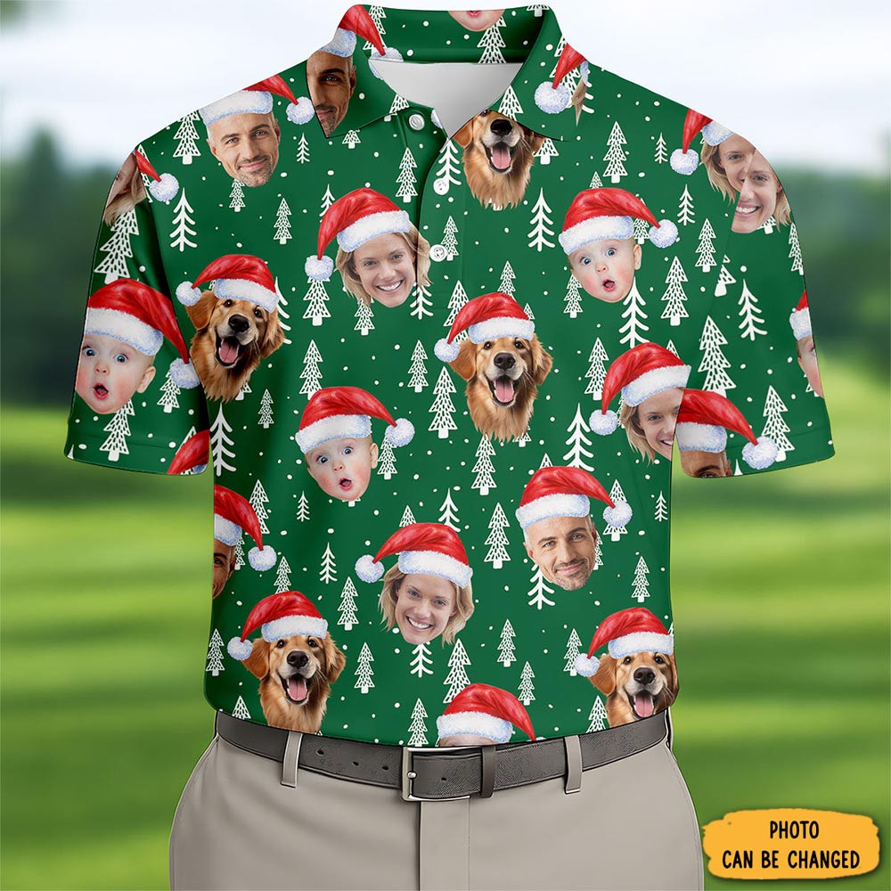 Personalized Photo Dog And Family Christmas Golf Polo Shirt Holiday Wear Golf Gifts For Men