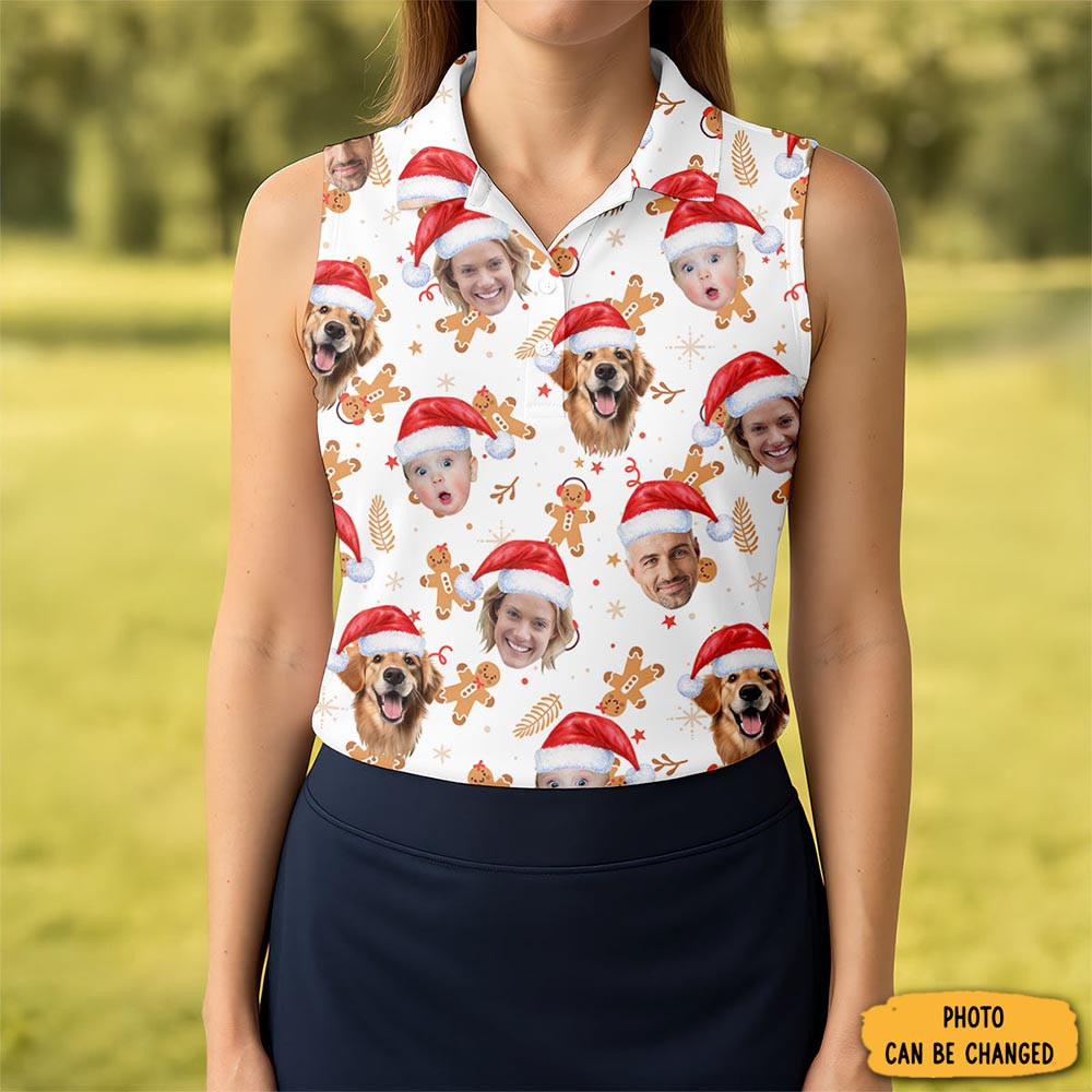 Personalized Photo Dog And Family Faces Polo Shirt Gingerbread Funny Golfer Xmas Gift Ideas