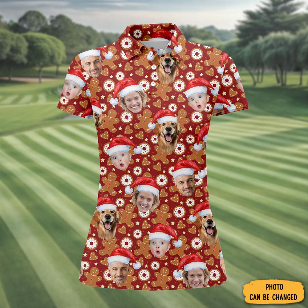 Personalized Photo Dog And Family Faces Polo Shirt Gingerbread Golf Shirt Funny Golf Xmas Tee