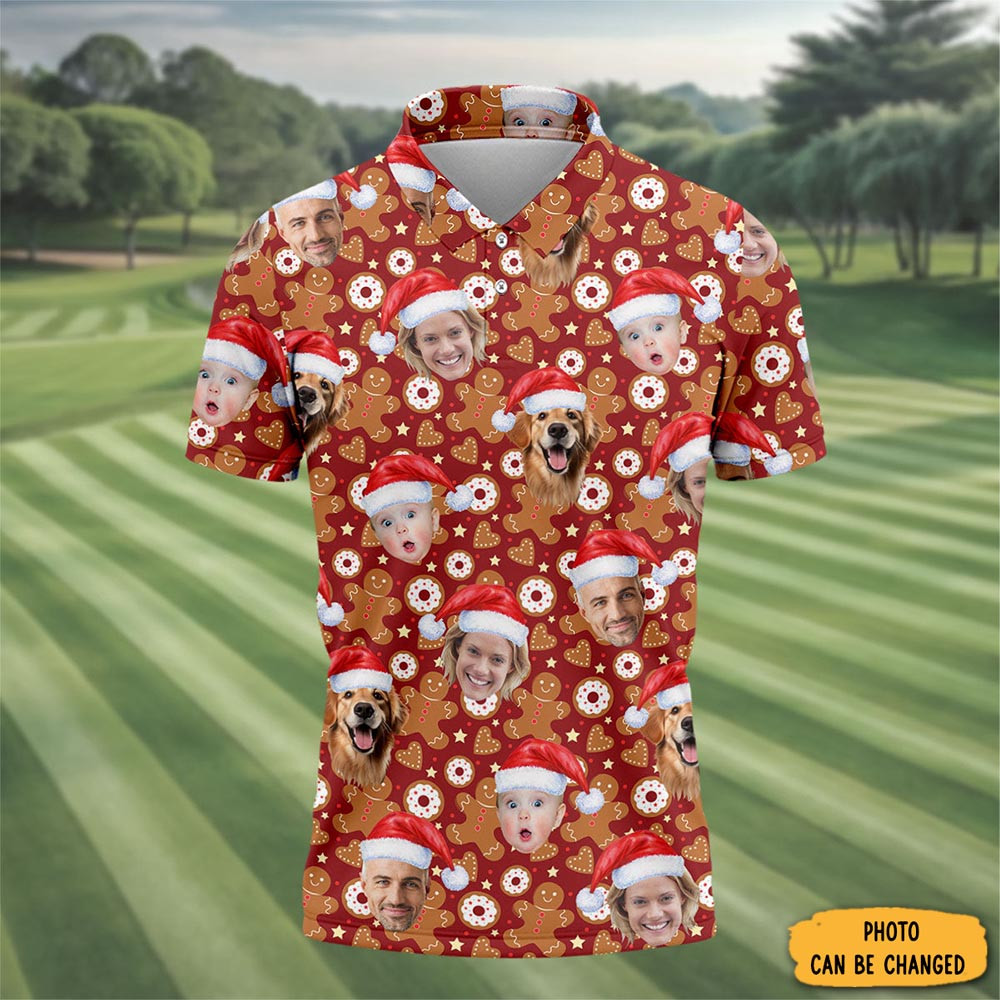 Personalized Photo Dog And Family Faces Polo Shirt Gingerbread Golf Shirt Xmas Gifts For Men