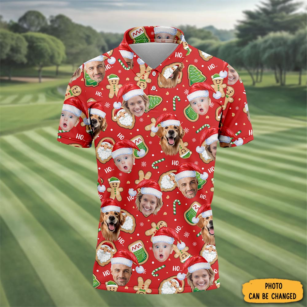 Personalized Photo Dog And Family Faces Polo Shirt Gingerbread Golf Style Golf Christmas Shirt