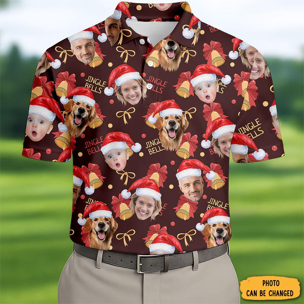 Personalized Photo Dog And Family Faces Polo Shirt Jingle Bells Goft Shirt Xmas Gifts For Father