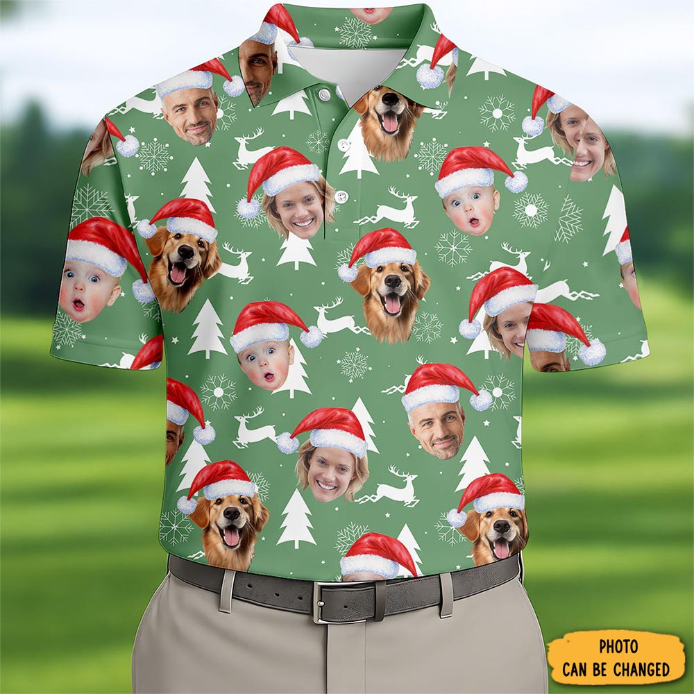 Personalized Photo Dog And Family Faces Polo Shirt Jingle Bells Goft Style Xmas Gift Ideas