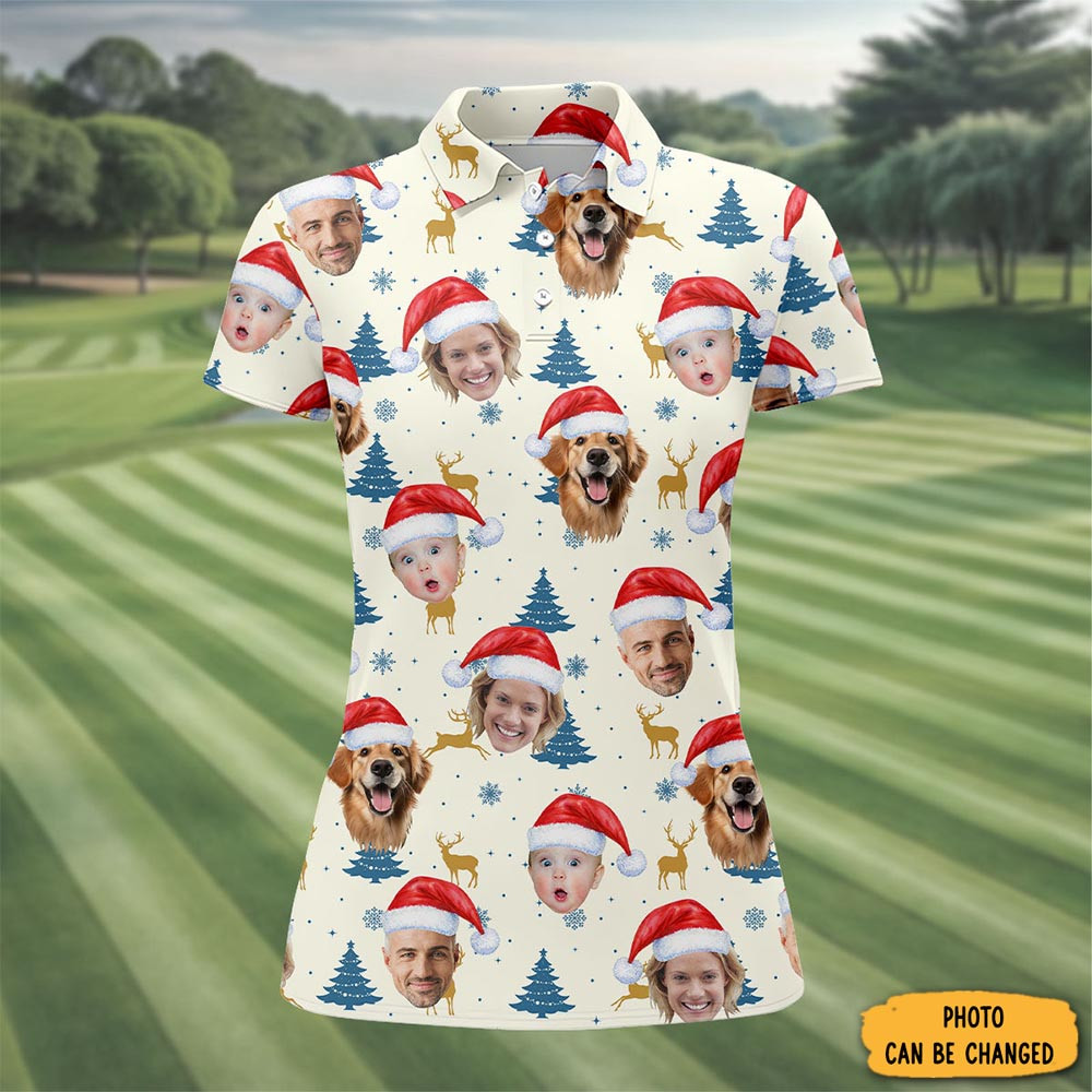 Personalized Photo Dog And Family Faces Polo Shirt Pine Tree Golf Merch Best Gift For Christmas