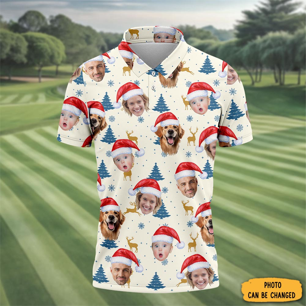 Personalized Photo Dog And Family Faces Polo Shirt Pine Tree Golf Merch Best Gift For Xmas