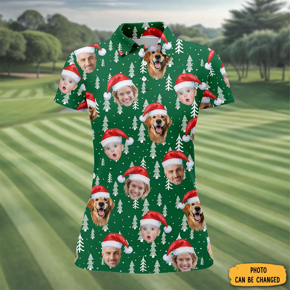 Personalized Photo Dog And Family Faces Polo Shirt Pine Tree Golf Shirt Xmas Gifts For Her