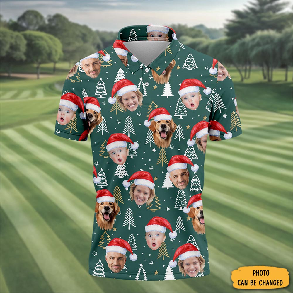 Personalized Photo Dog And Family Faces Polo Shirt Pine Tree Pattern Golfer Xmas Presents