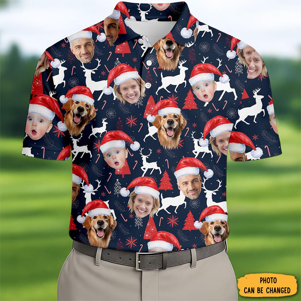 Personalized Photo Dog And Family Faces Polo Shirt Reindeer Golf Shirt Xmas Gifts For Dad
