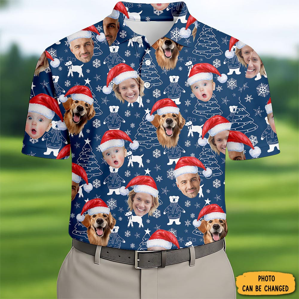 Personalized Photo Dog And Family Faces Polo Shirt Snow Figure Funny Shirt Golfer Xmas Gift