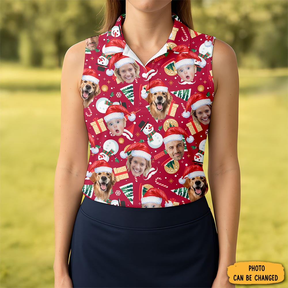Personalized Photo Dog And Family Faces Polo Shirt Snow Figure Golf Merch Xmas Gift For Her
