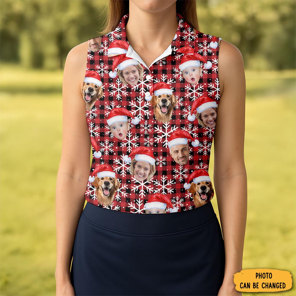 Personalized Photo Dog And Family Faces Polo Shirt Snowflake Golf Clothes Golf Ladies Xmas Gift