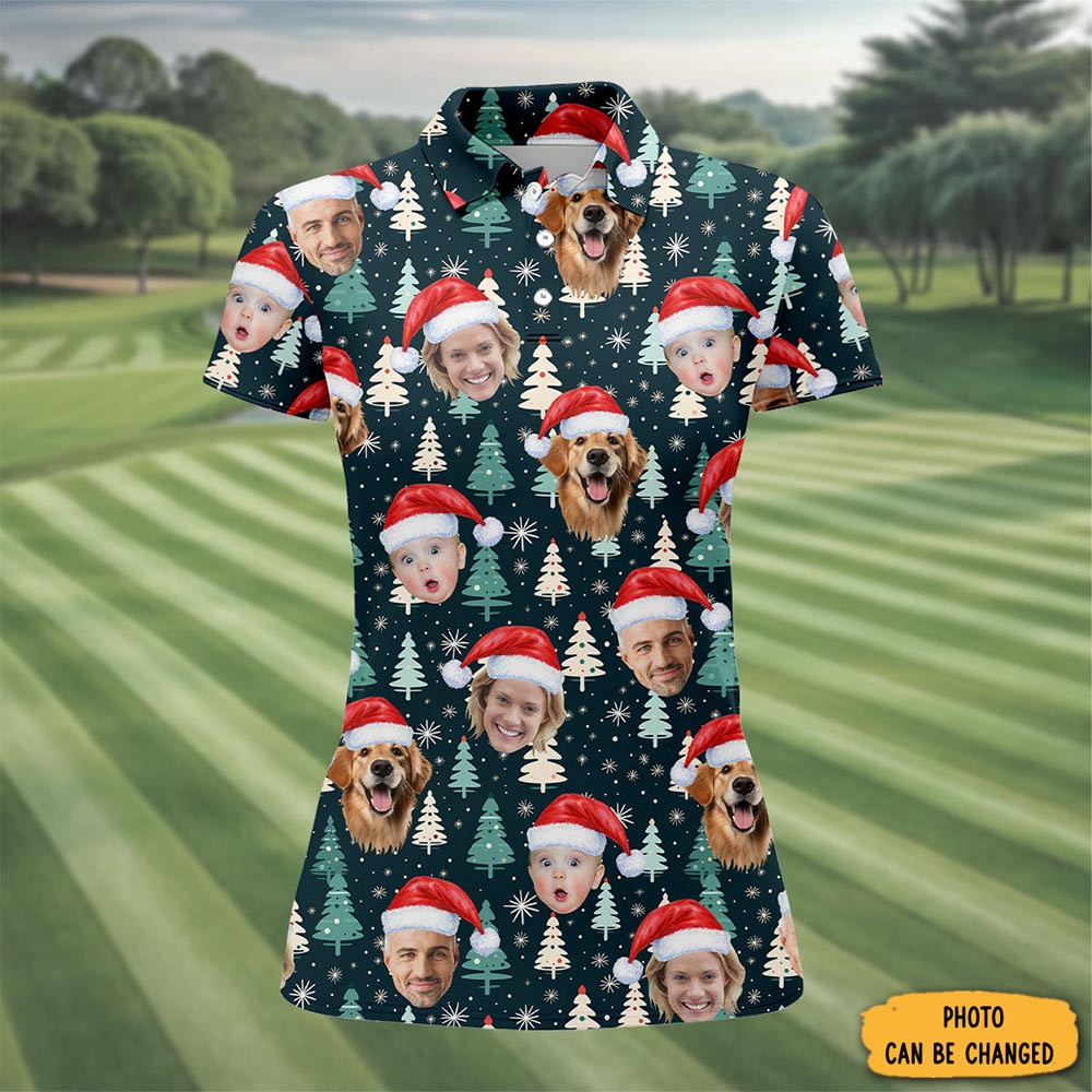 Personalized Photo Dog And Family Faces Polo Shirt Snowflakes Goft Shirt Golf Lover Xmas Gift
