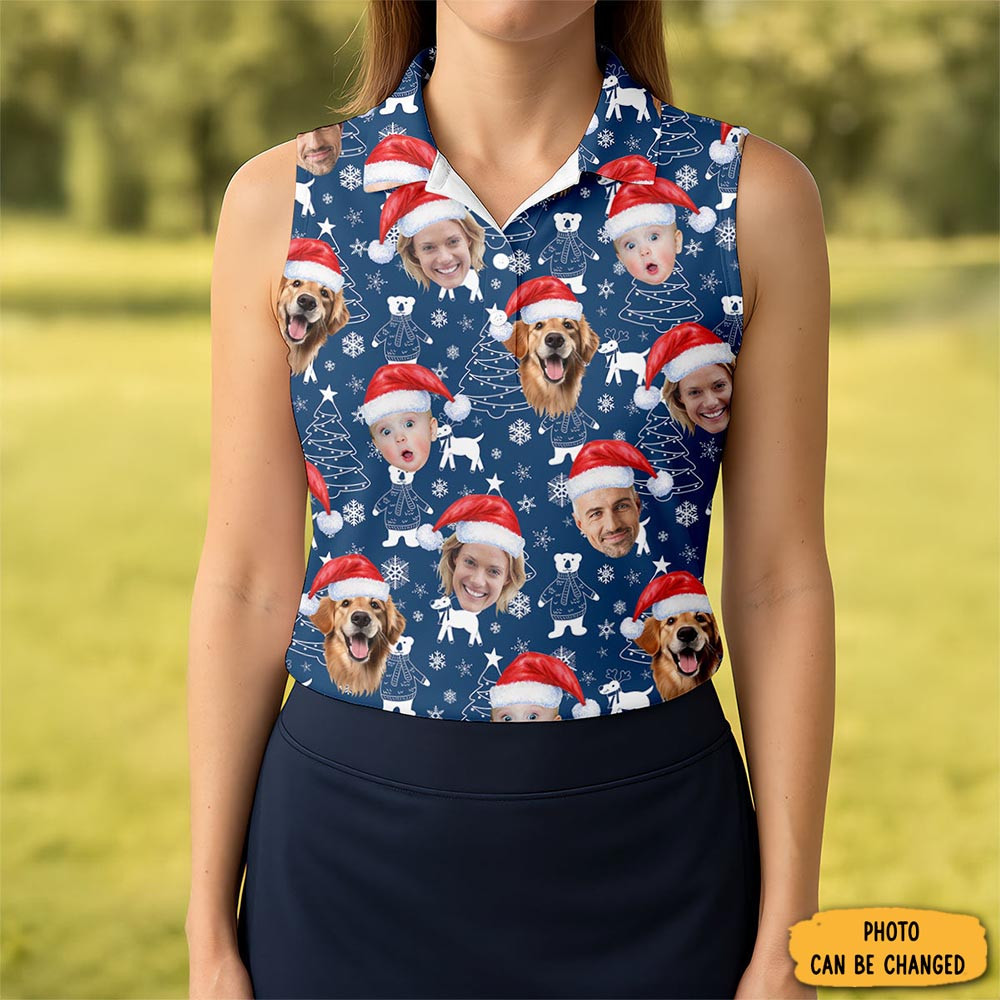 Personalized Photo Dog And Family Faces Polo Shirt Winter Wear Christmas Gifts For Golfer