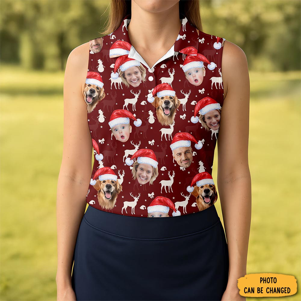 Personalized Photo Dog And Family Faces Polo Shirt Winter Wear Christmas Gifts For Women