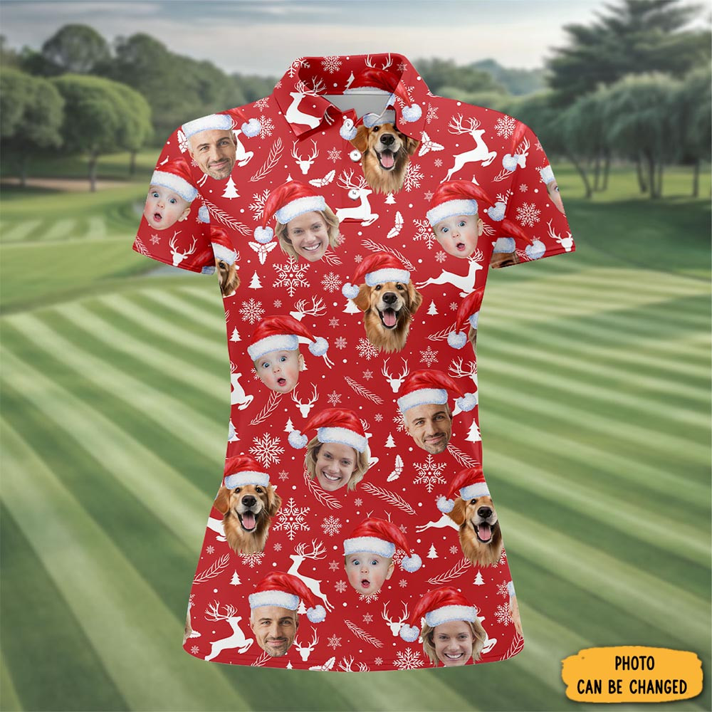 Personalized Photo Dog And Family Faces Polo Shirt Xmas Themed Golf Shirt Mom's Gifts