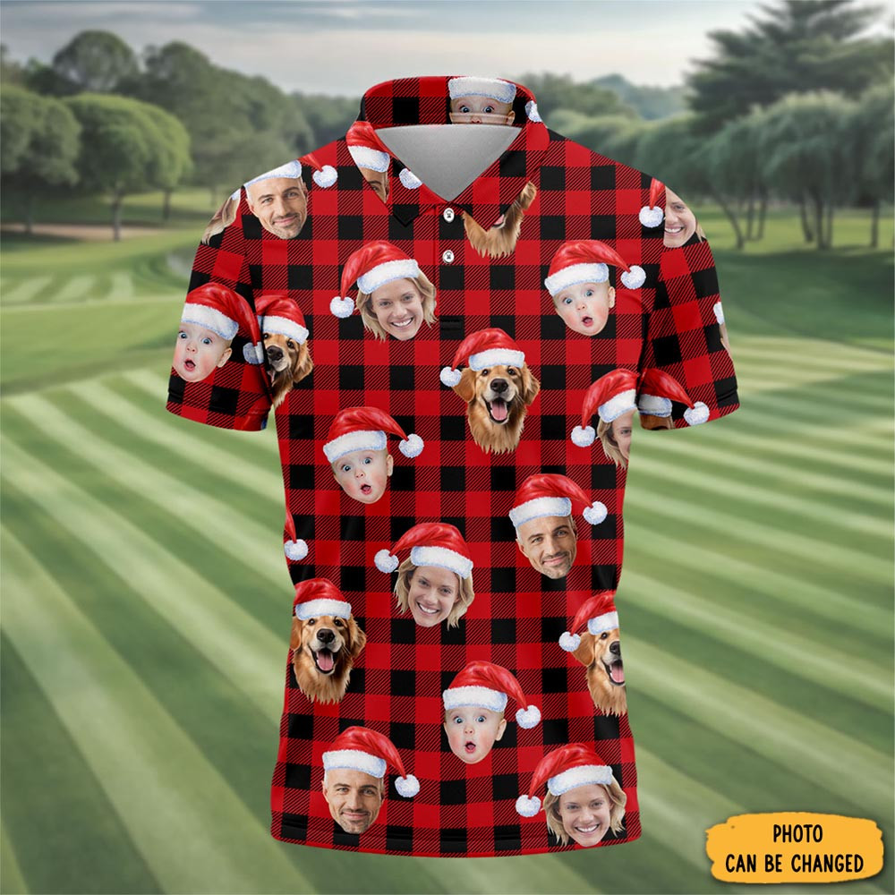 Personalized Photo Dog And Family Faces Polo Shirt Xmas Wear Golfer Xmas Present