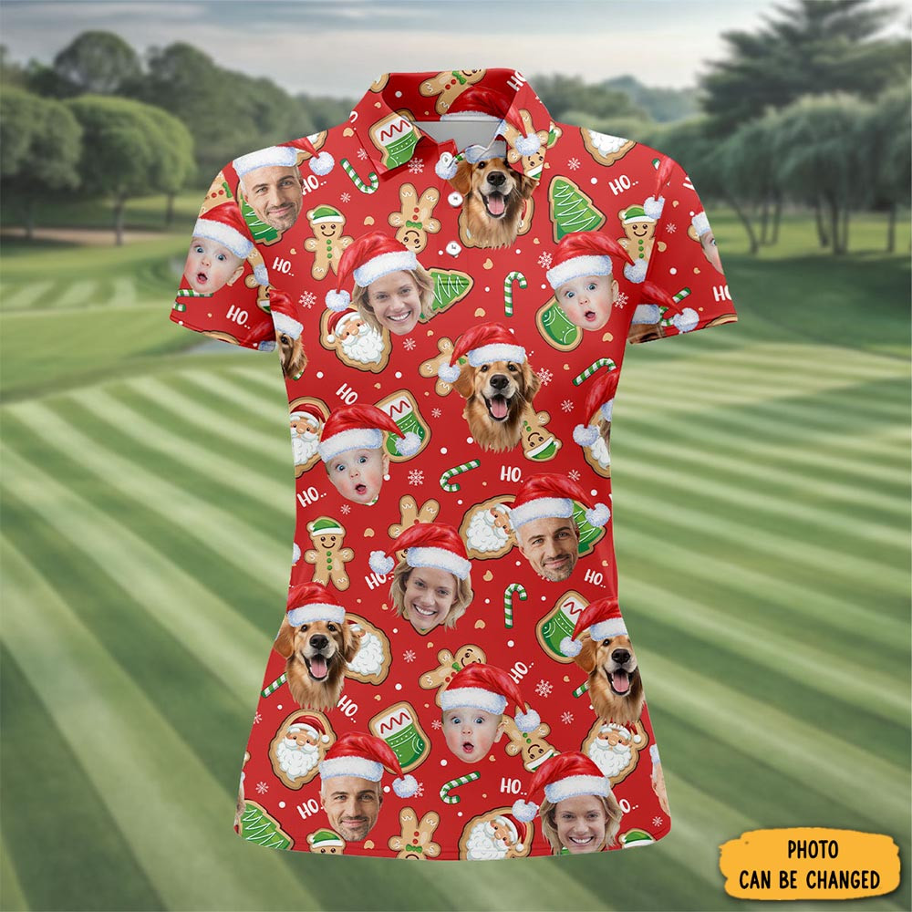 Personalized Photo Dog And Family Faces Polo Shirt Xmas Wear Xmas Gifts For Golf Lovers
