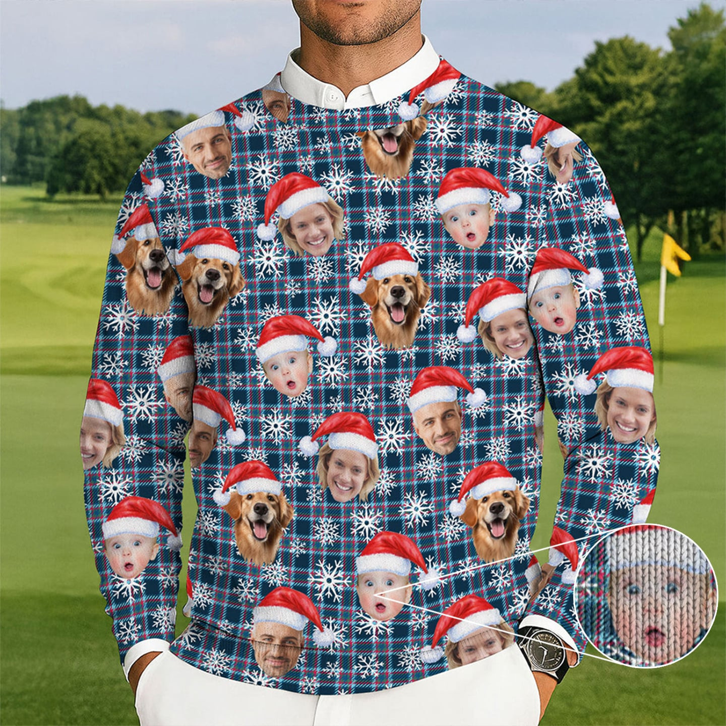 Personalized Photo Dog Baby Golf Ugly Christmas Sweater Holiday Clothing Golfer Christmas Gift