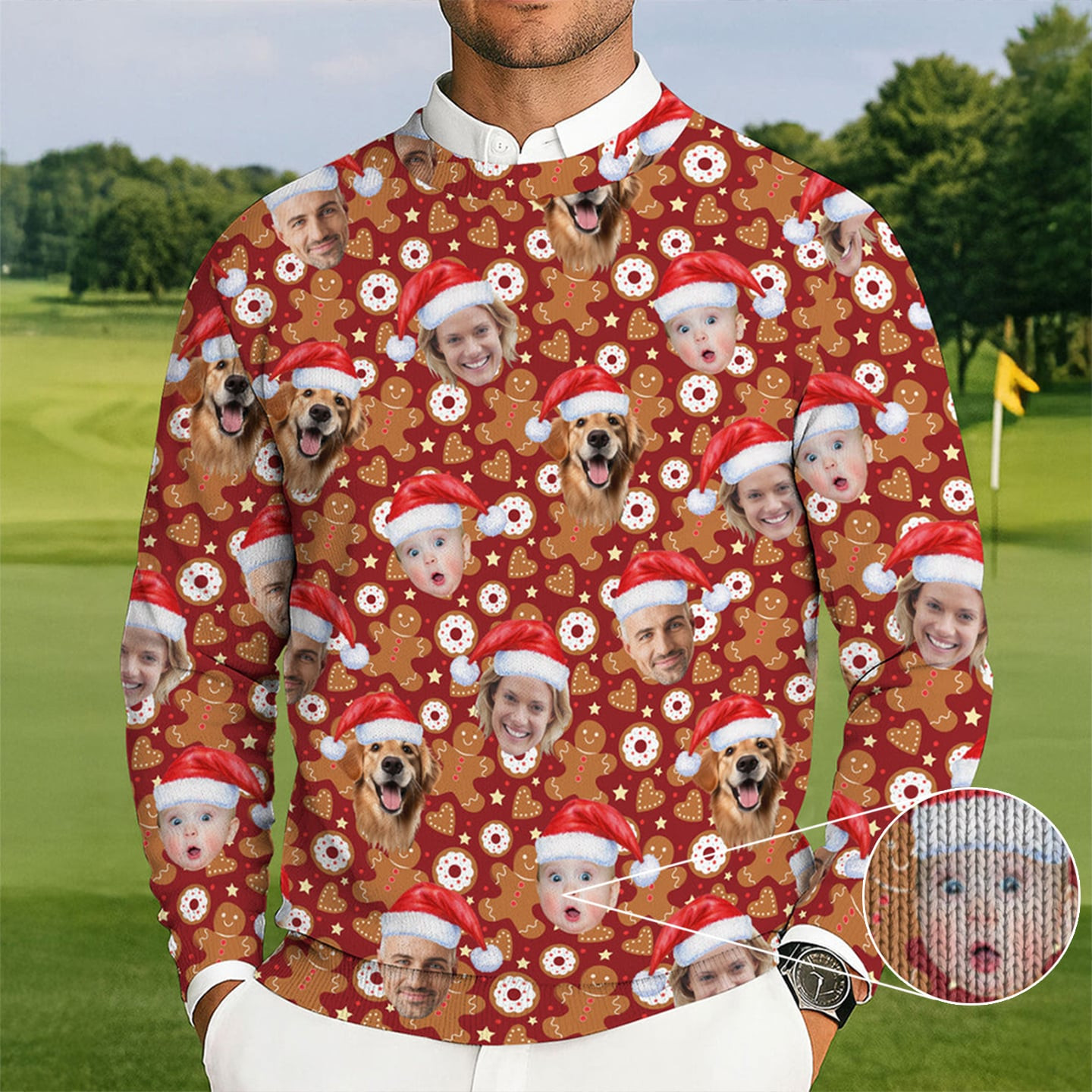 Personalized Photo Dog Baby Golf Ugly Christmas Sweater Winter Apparel Funny Holiday Sweaters