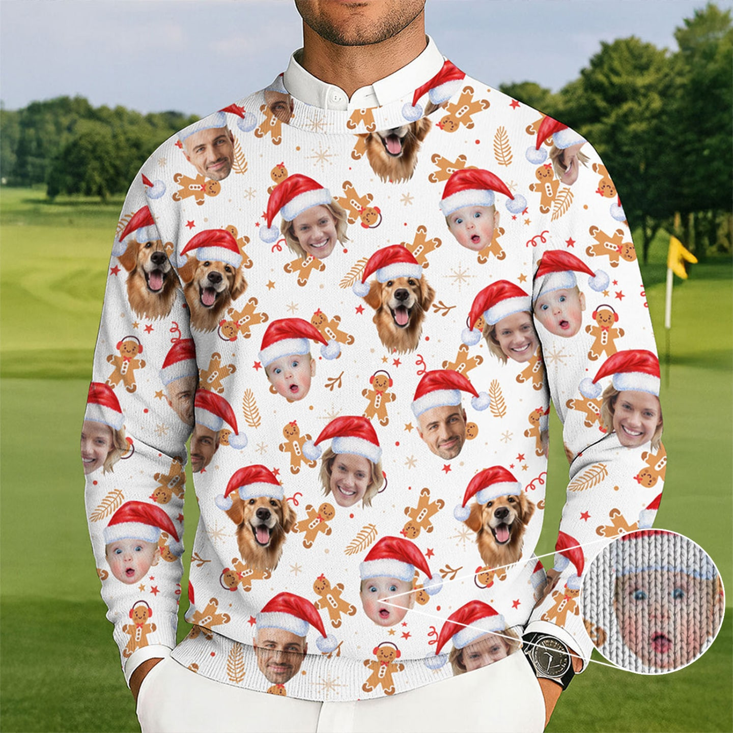 Personalized Photo Dog Baby Golf Ugly Christmas Sweater Winter Apparel Funny Xmas Sweater