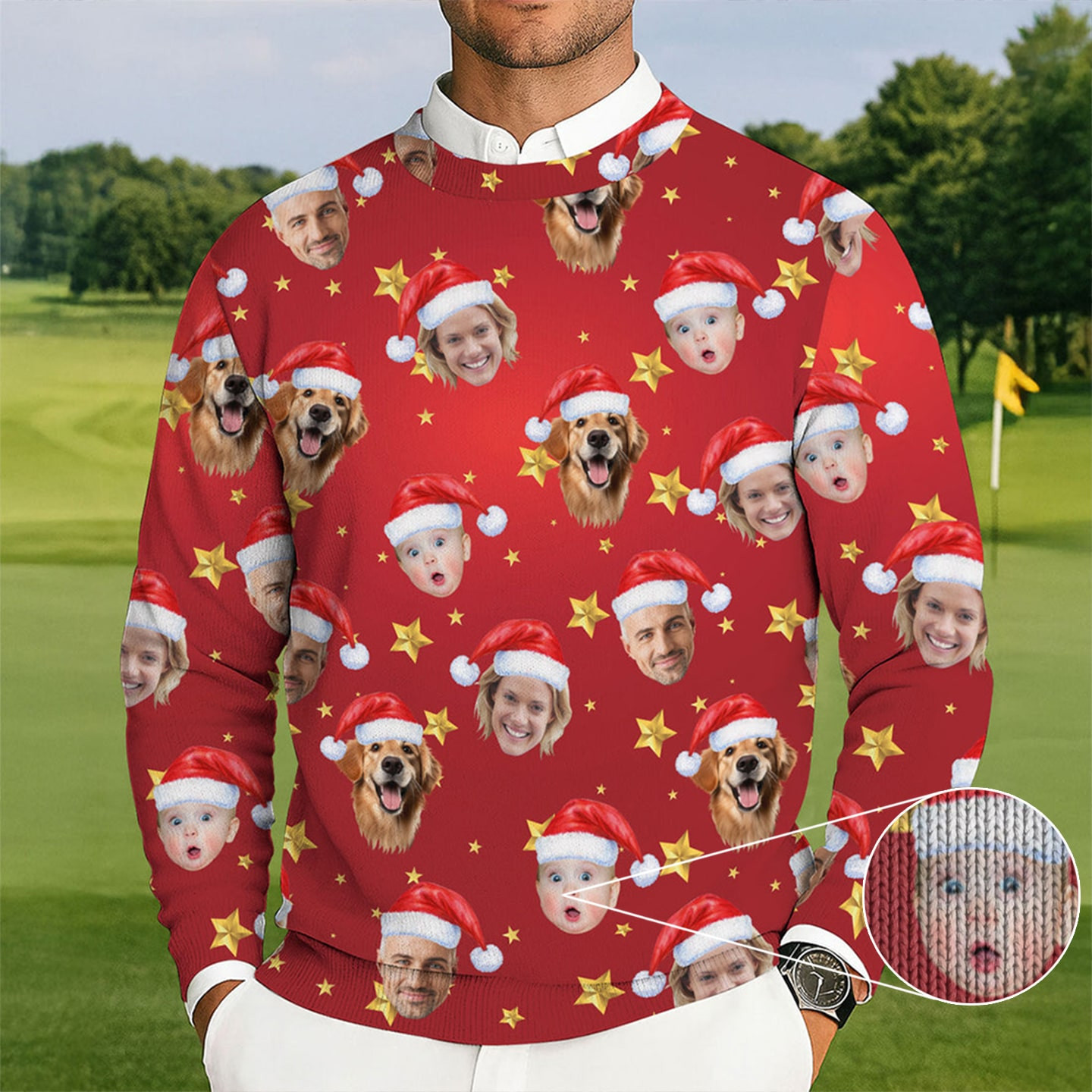 Personalized Photo Dog Baby Golf Ugly Christmas Sweater Winter Apparel Warm Clothes For Winter