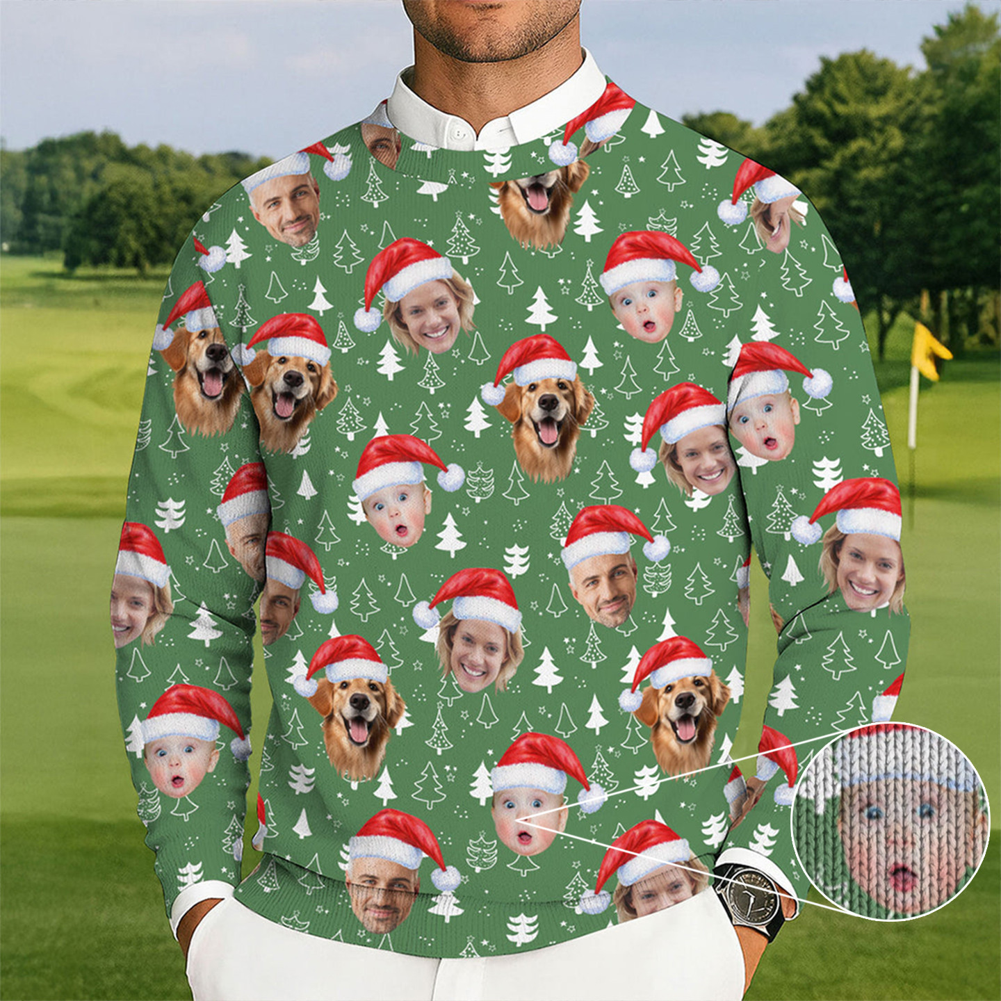 Personalized Photo Dog Baby Golf Ugly Christmas Sweater Xmas Sweatshirt Golf Dad Presents