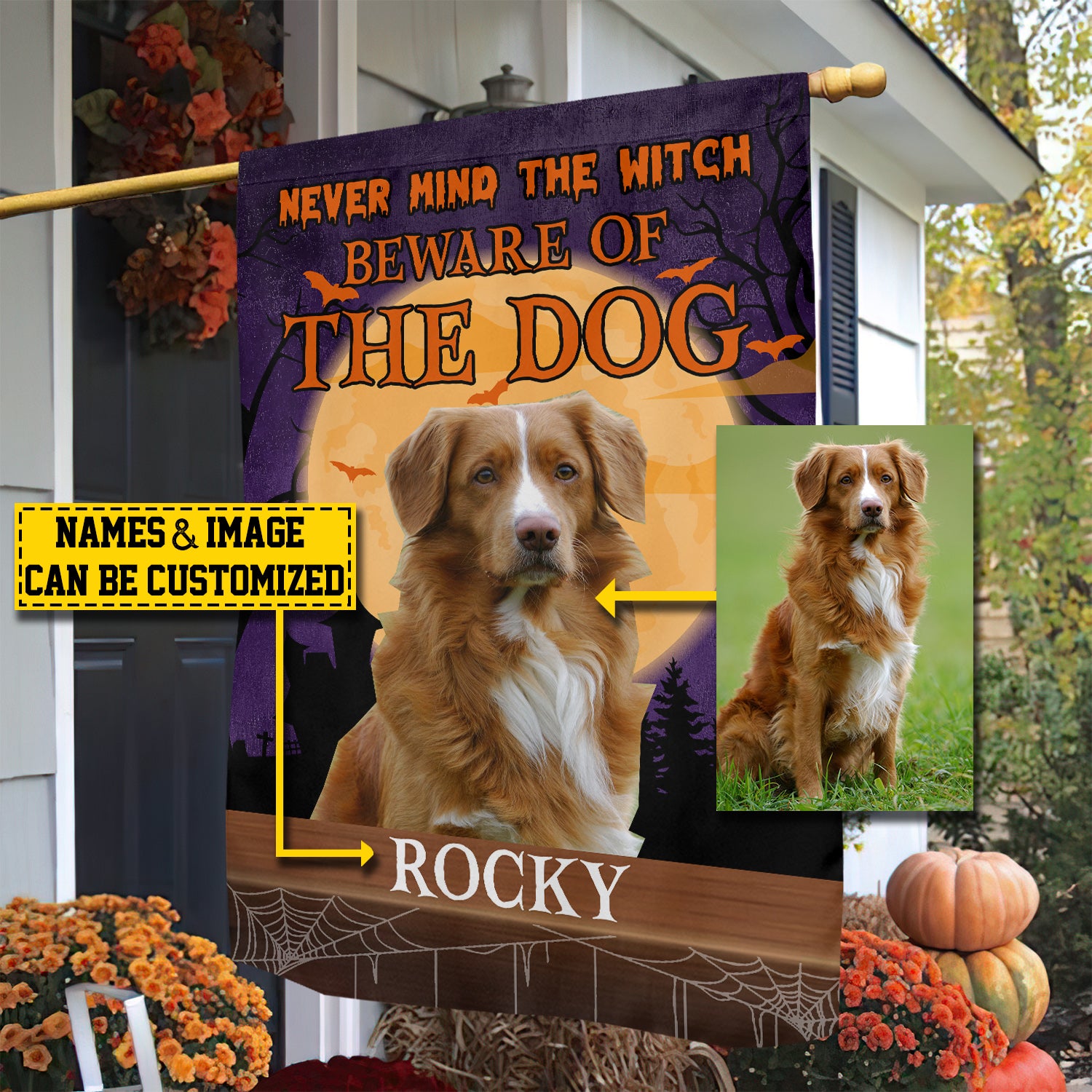 Personalized Photo Dog Flag Beware Of The Dog Halloween Outdoor Decor Gift For Pet Lovers
