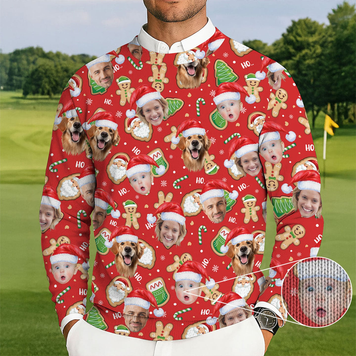 Personalized Photo Dog Gingerbread Golf Ugly Christmas Sweater Xmas Clothing Golfer Xmas Gifts